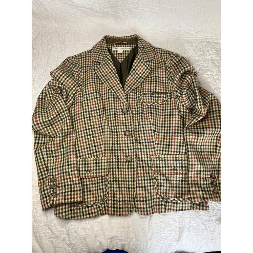 VTG Tommy Hilfiger Womens Plaid Blazer Tan Green Burgundy Corduroy Trim L